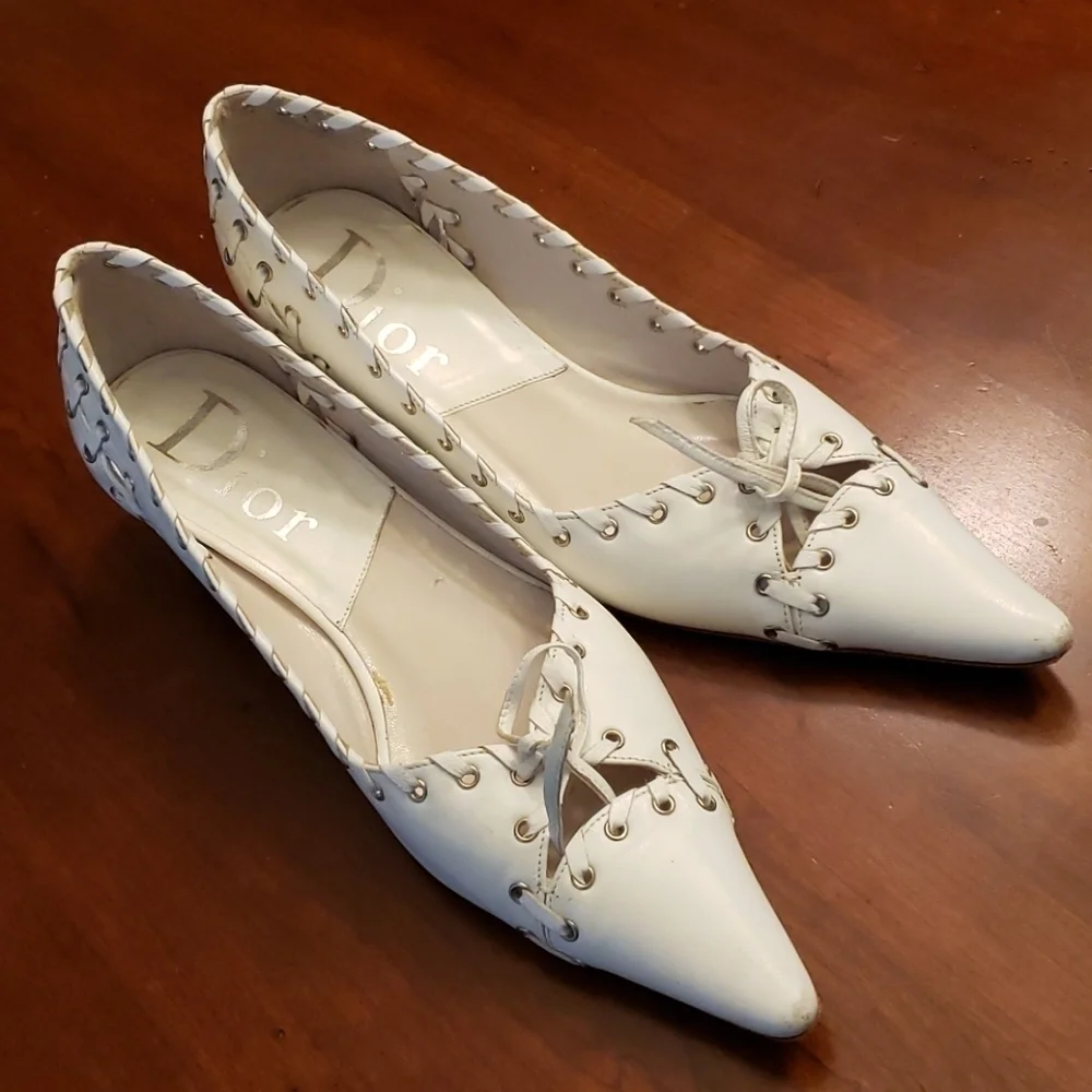 Dior Rare LU 12 Laces & Grommets White Leather Kitten Heels 38.5 - 8 Unique Euro - Picture 4 of 16